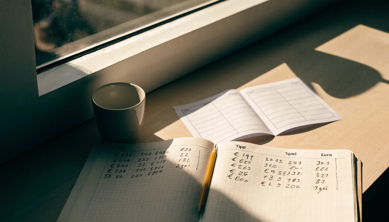 Ein Notizbuch mit handschriftlichen Notizen und ein Bleistift liegen auf einem Schreibtisch am Fenster, draußen fällt Morgenlicht herein.