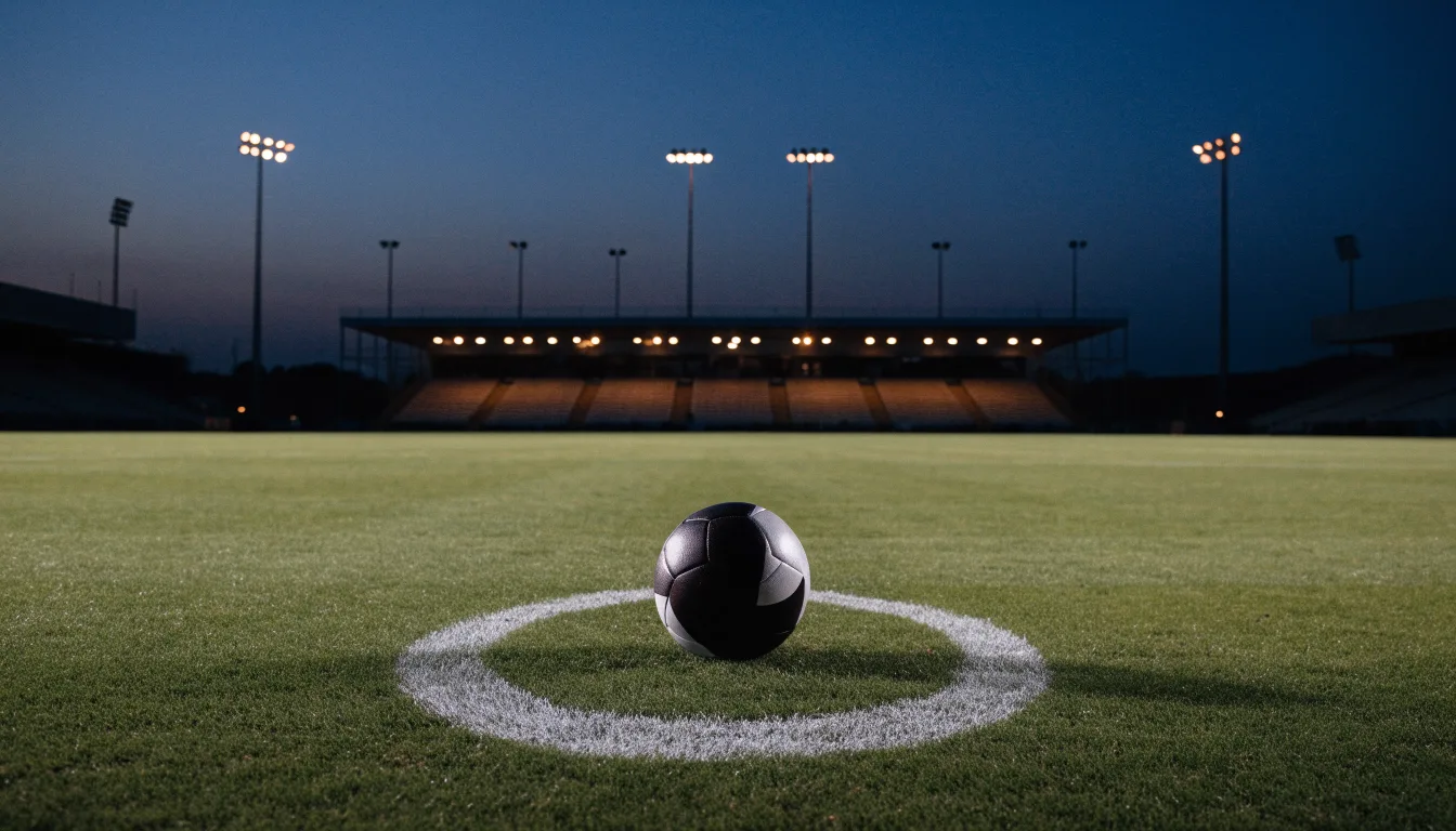 Ein Fußball liegt auf dem Anstoßpunkt eines leeren Rasenplatzes, im Hintergrund steht ein Stadion unter Flutlicht in der Dämmerung.