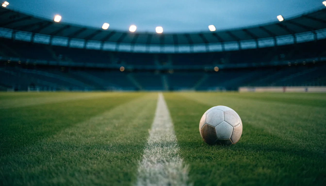 Ein Fußball liegt auf dem Rasen eines leeren Platzes, im Hintergrund ein Stadion unter Flutlicht in der Abenddämmerung.