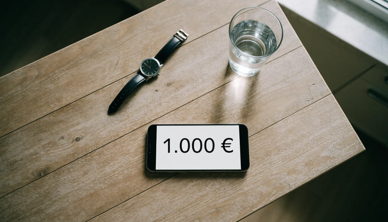 Ein Smartphone liegt mit dem Display nach unten auf einem Küchentisch, daneben stehen ein Glas Wasser und eine Armbanduhr.