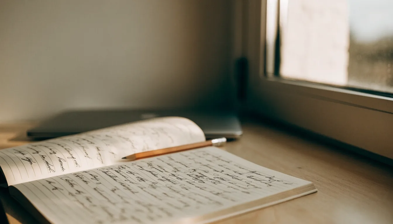 Ein Notizbuch mit handschriftlichen Notizen und ein Bleistift liegen auf einem Schreibtisch am Fenster, draußen fällt Morgenlicht herein.