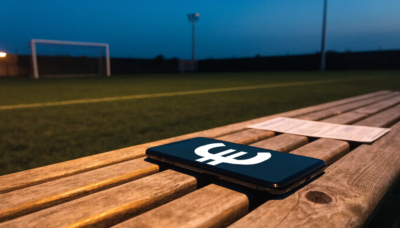 Eine leere Parkbank am Rand eines Fußballfelds in der Abenddämmerung, im Hintergrund ragen dunkle Flutlichtmasten in den Himmel.