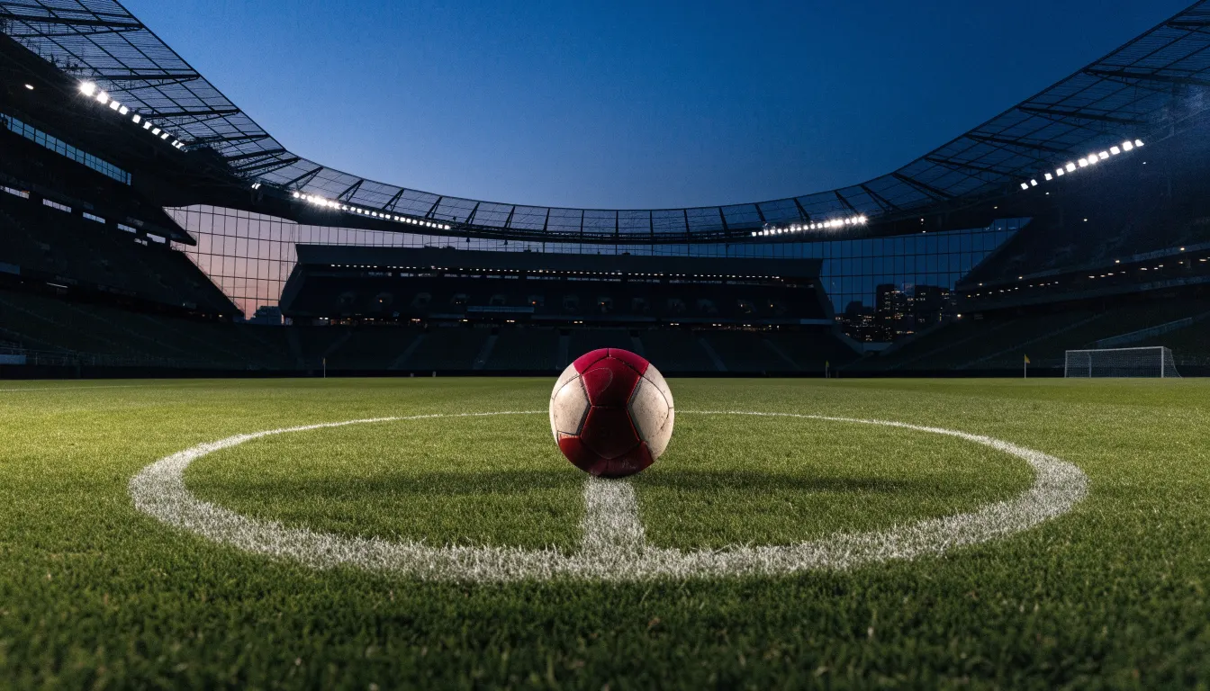 Ein Fußball liegt auf dem Anstoßpunkt eines leeren Rasenplatzes, im Hintergrund steht ein Stadion unter Flutlicht in der Dämmerung.