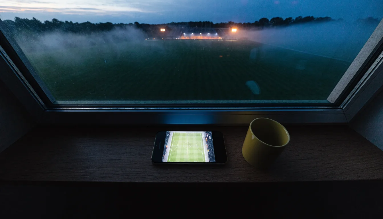Ein Stadion unter Flutlicht, aus großer Entfernung über eine dunkle Wiese fotografiert, am Himmel zieht Nebel auf.