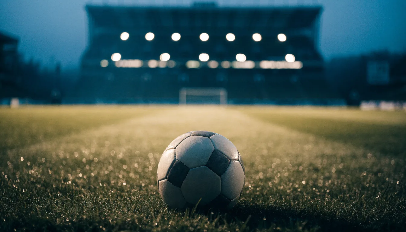 Ein Fußball liegt auf dem Rasen eines leeren Platzes, im Hintergrund ein Stadion unter Flutlicht in der Abenddämmerung.