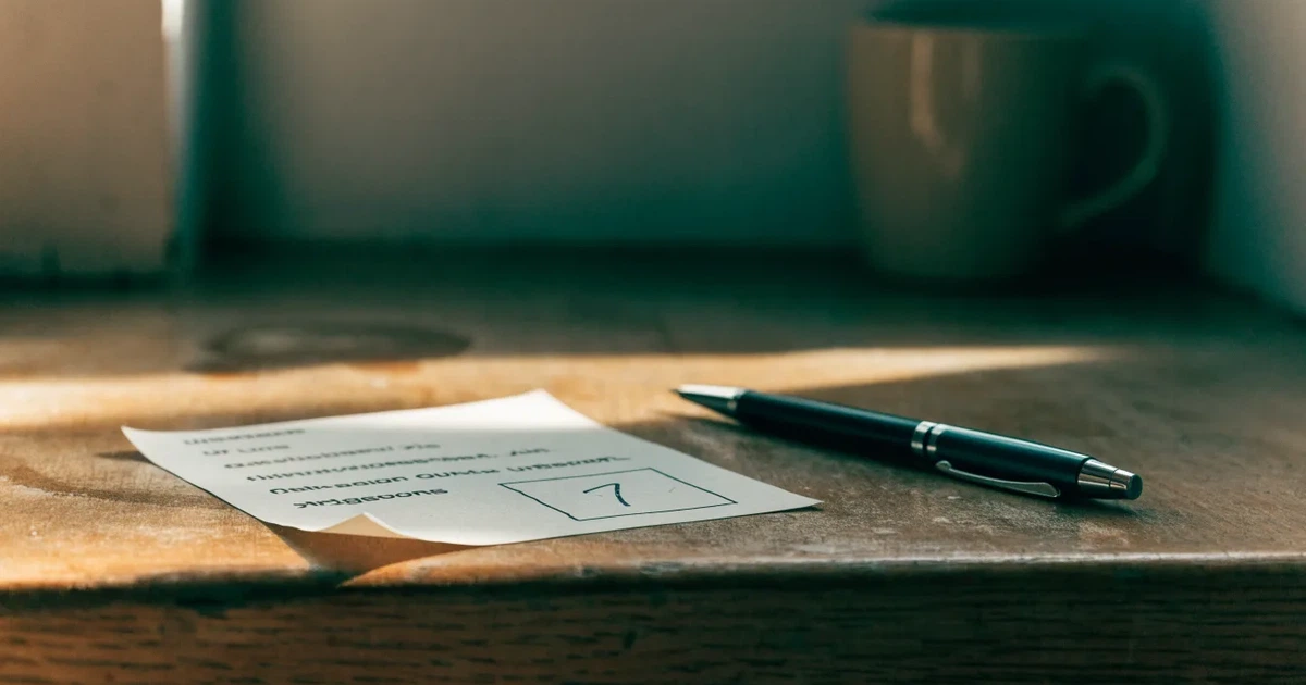 Ein leerer Wettschein aus Papier liegt neben einem Stift auf einer hölzernen Theke, weiches Licht fällt von der Seite ein.