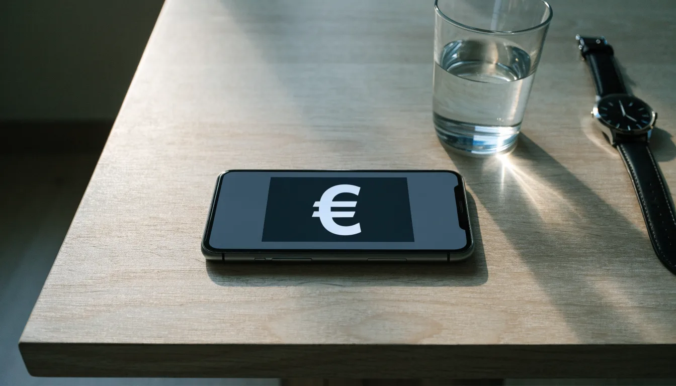 Ein Smartphone liegt mit dem Display nach unten auf einem Küchentisch, daneben stehen ein Glas Wasser und eine Armbanduhr.