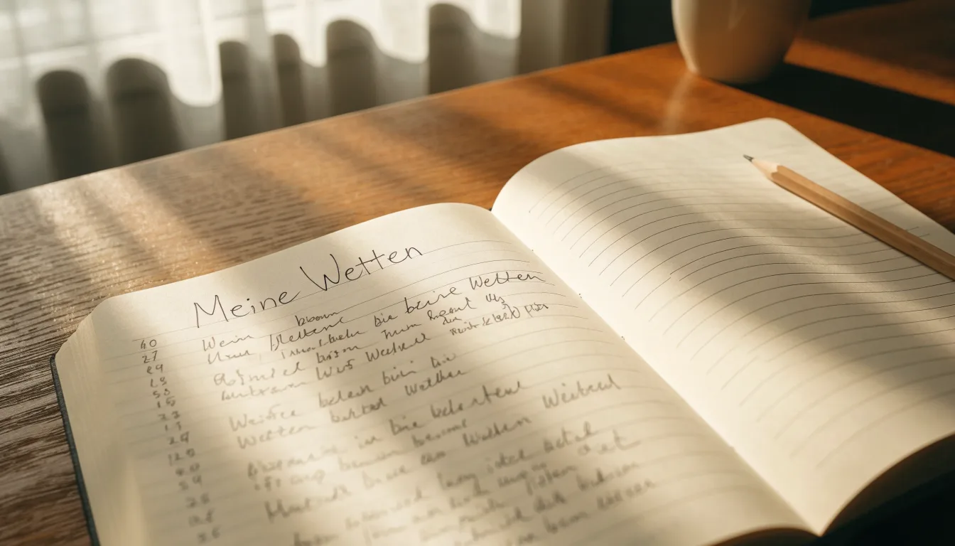 Ein Notizbuch mit handschriftlichen Notizen und ein Bleistift liegen auf einem Schreibtisch am Fenster, draußen fällt Morgenlicht herein.