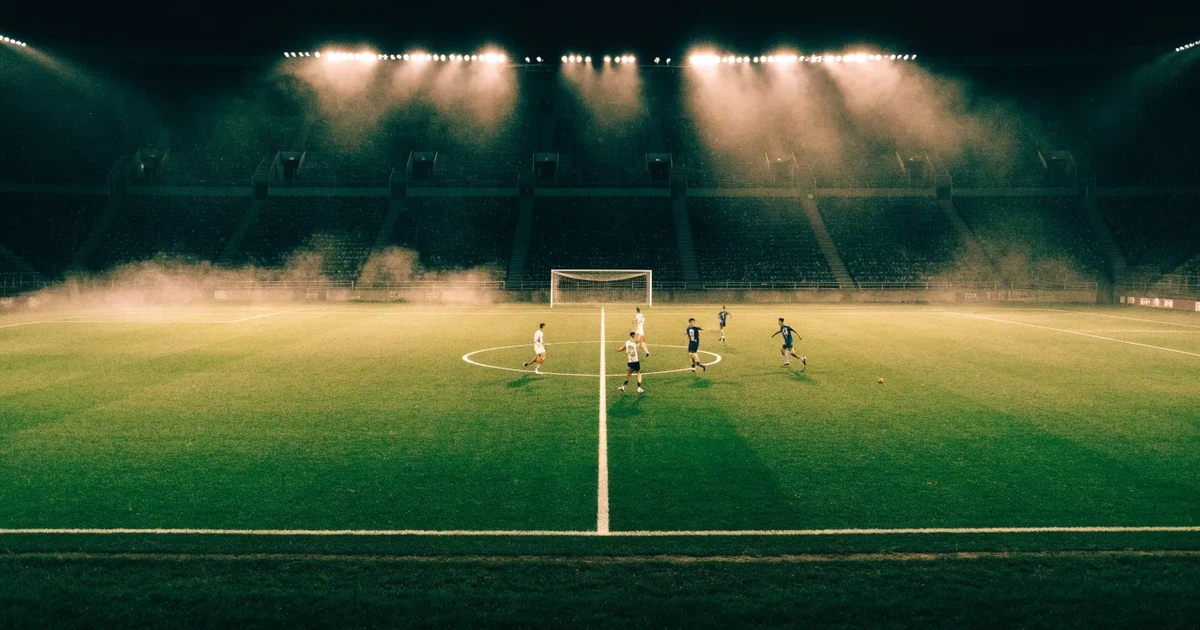 Ein Stadion unter Flutlicht, aus großer Entfernung über eine dunkle Wiese fotografiert, am Himmel zieht Nebel auf.