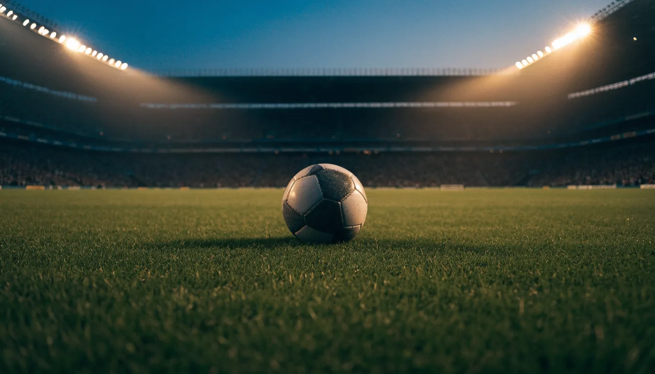 Ein Fußball liegt auf dem Anstoßpunkt eines leeren Rasenplatzes, im Hintergrund steht ein Stadion unter Flutlicht in der Dämmerung.