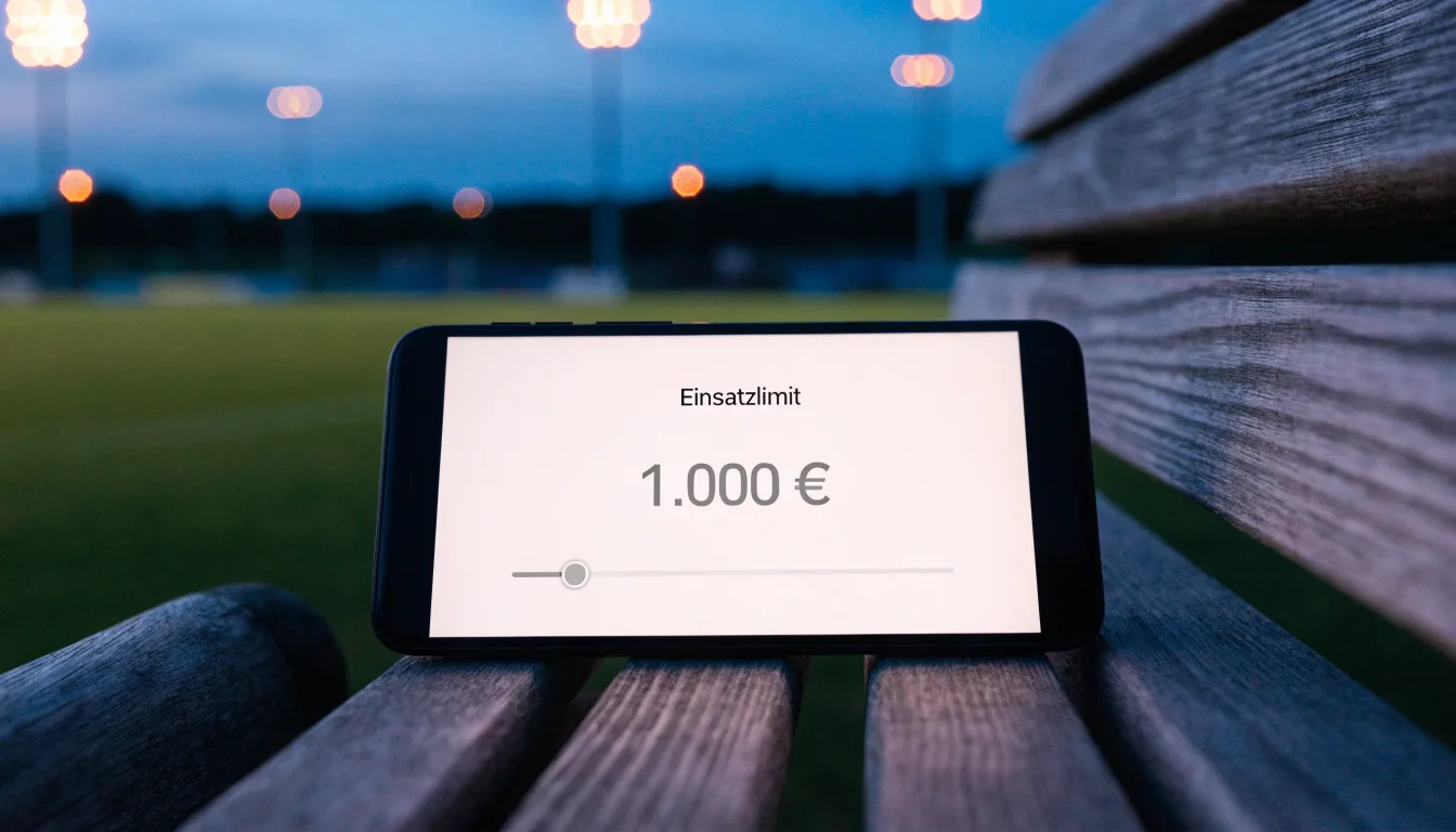 Eine leere Parkbank am Rand eines Fußballfelds in der Abenddämmerung, im Hintergrund ragen dunkle Flutlichtmasten in den Himmel.