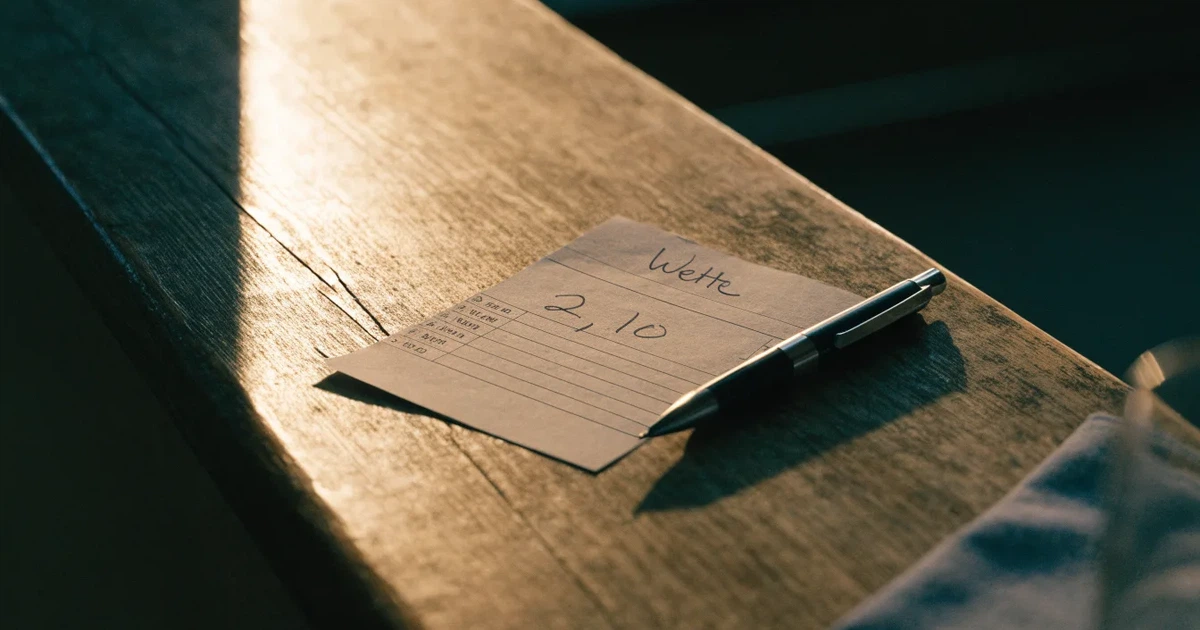 Ein leerer Wettschein aus Papier liegt neben einem Stift auf einer hölzernen Theke, weiches Licht fällt von der Seite ein.