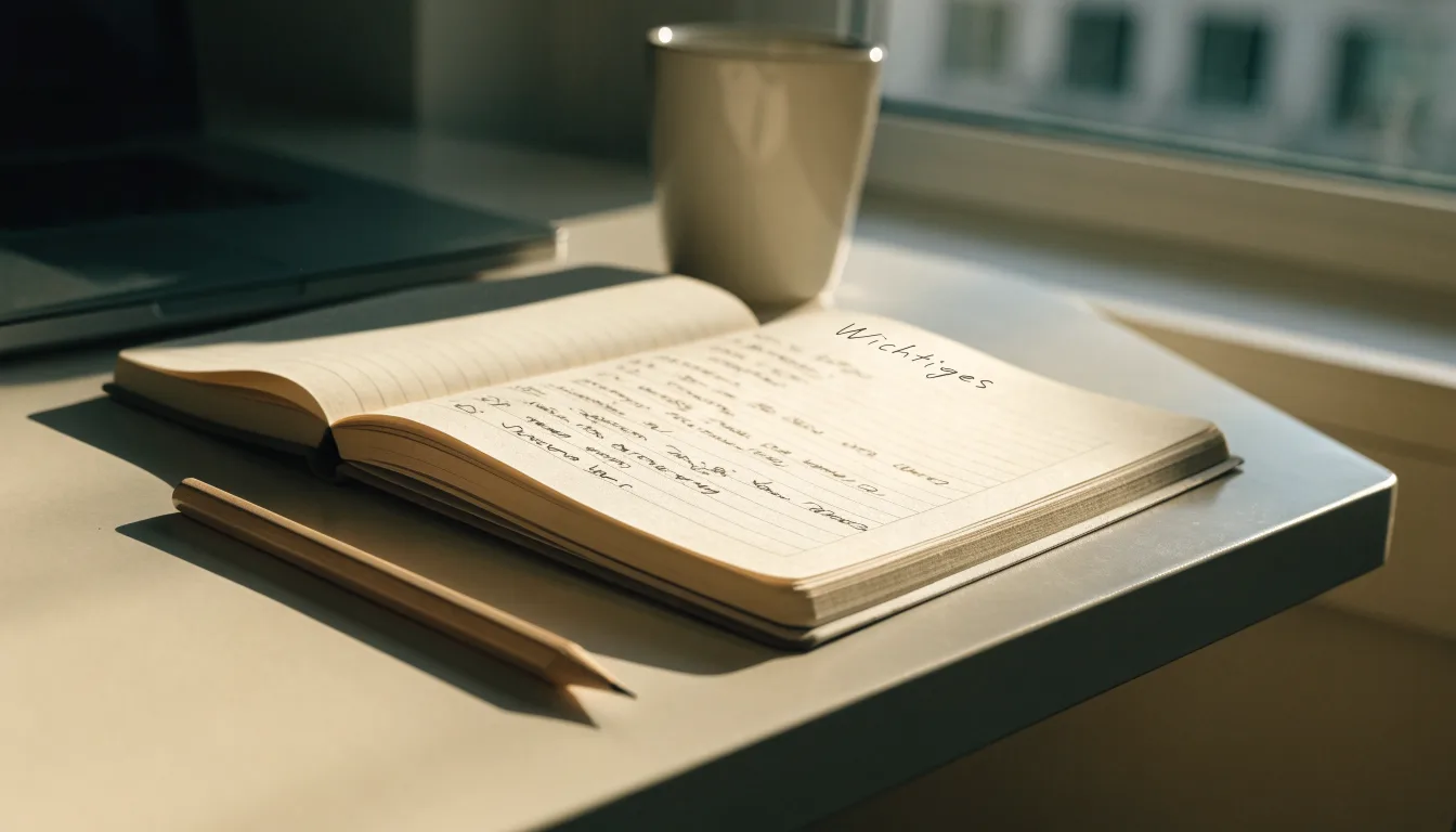 Ein Notizbuch mit handschriftlichen Notizen und ein Bleistift liegen auf einem Schreibtisch am Fenster, draußen fällt Morgenlicht herein.