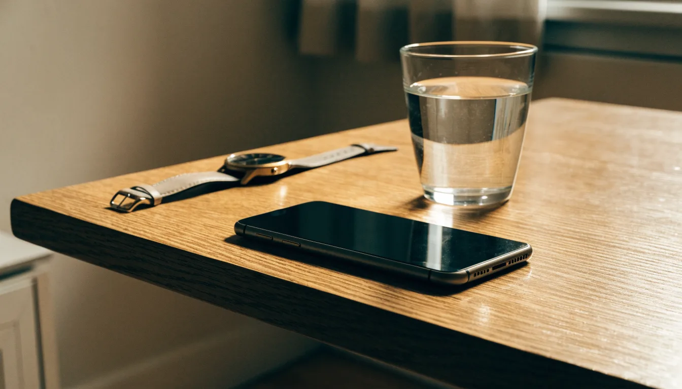 Ein Smartphone liegt mit dem Display nach unten auf einem Küchentisch, daneben stehen ein Glas Wasser und eine Armbanduhr.