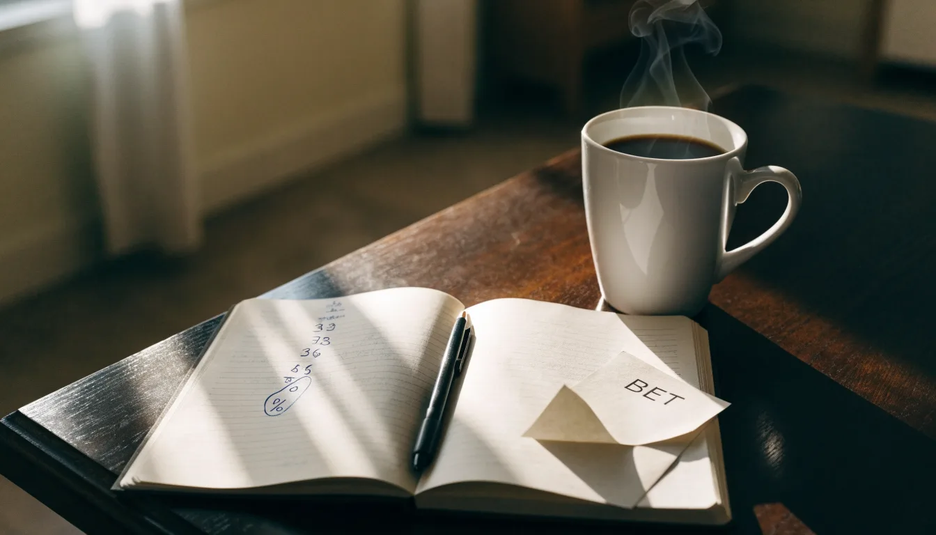 Ein Notizbuch mit handschriftlichen Rechnungen und ein Taschenrechner liegen auf einem Schreibtisch neben einer Tasse Kaffee im Licht des frühen Morgens.