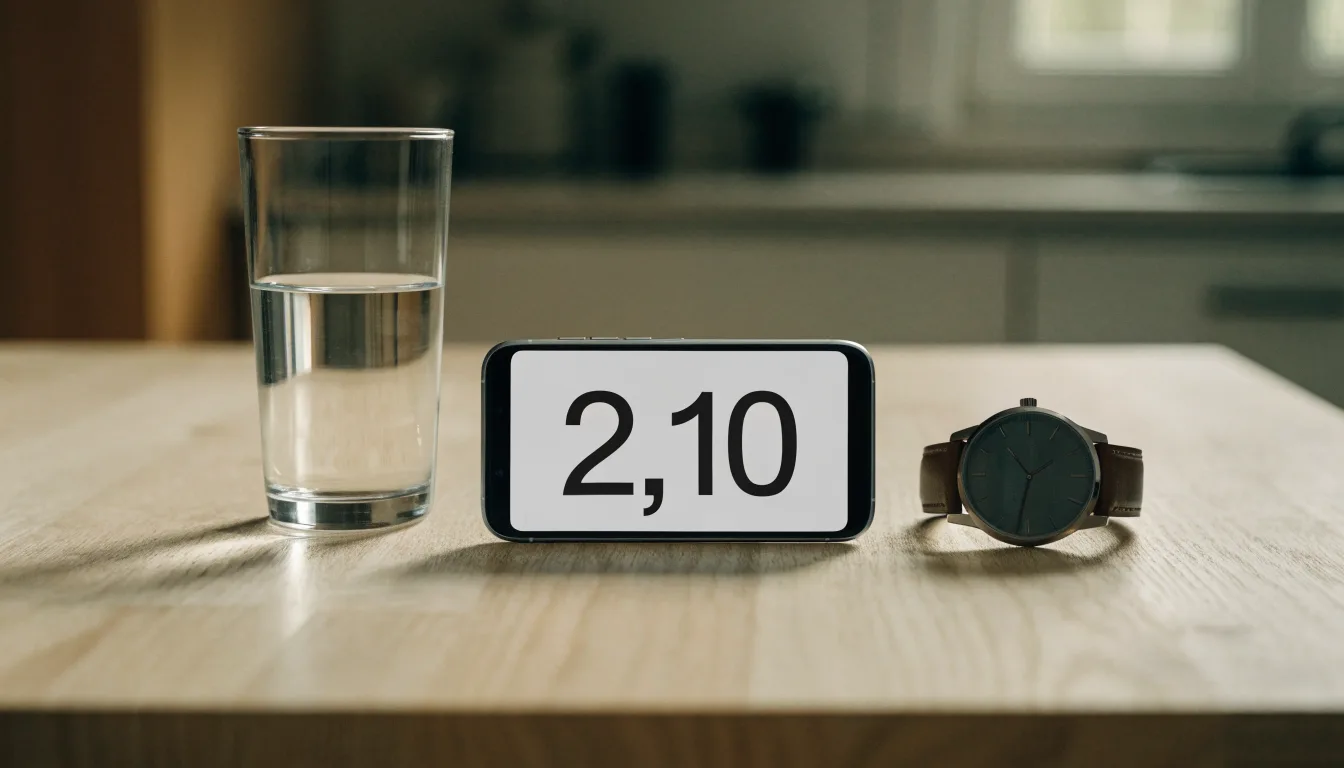 Ein Smartphone liegt mit dem Display nach unten auf einem Küchentisch, daneben stehen ein Glas Wasser und eine Armbanduhr.