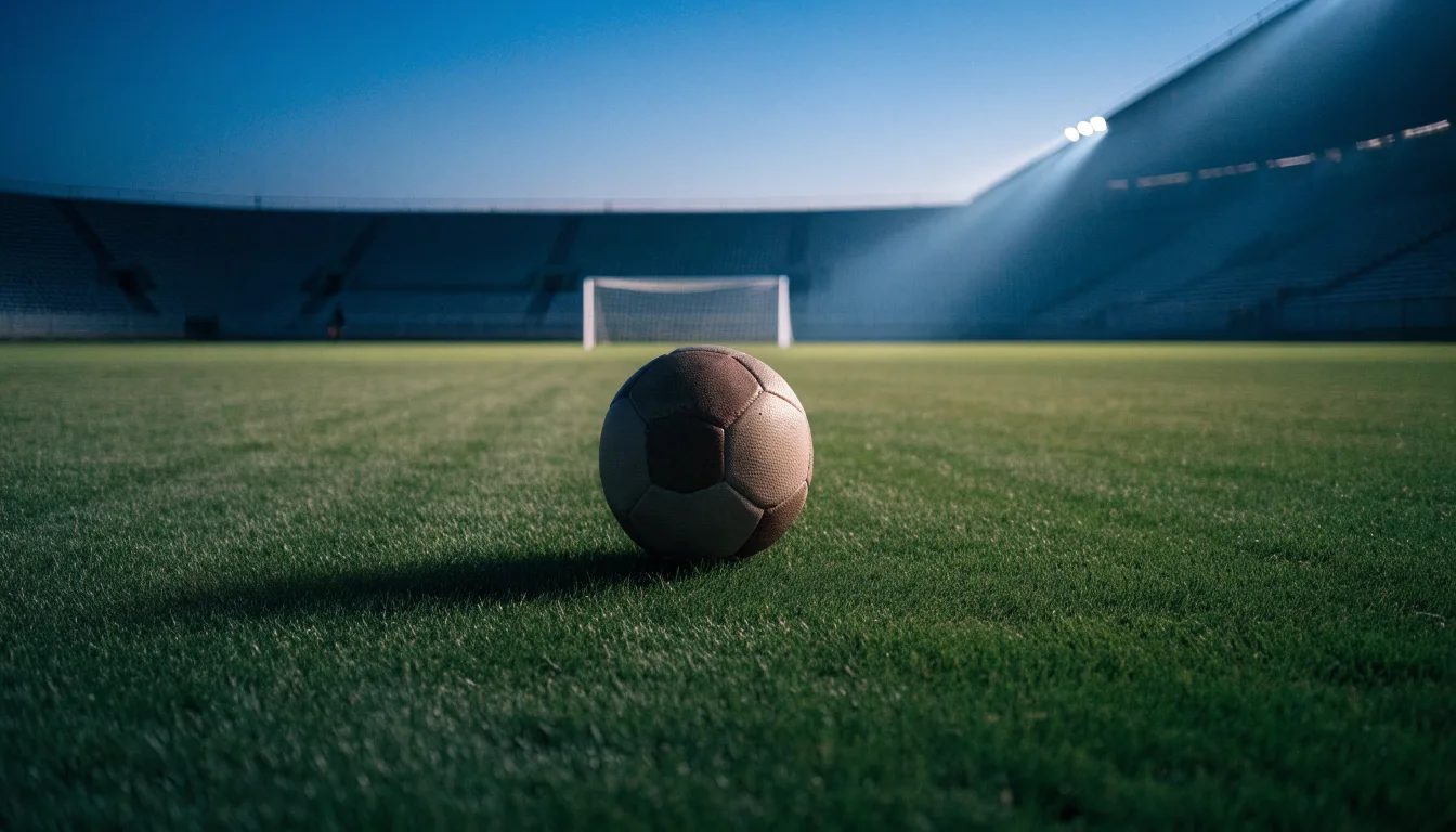 Ein Fußball liegt auf dem Rasen eines leeren Platzes, im Hintergrund ein Stadion unter Flutlicht in der Abenddämmerung.