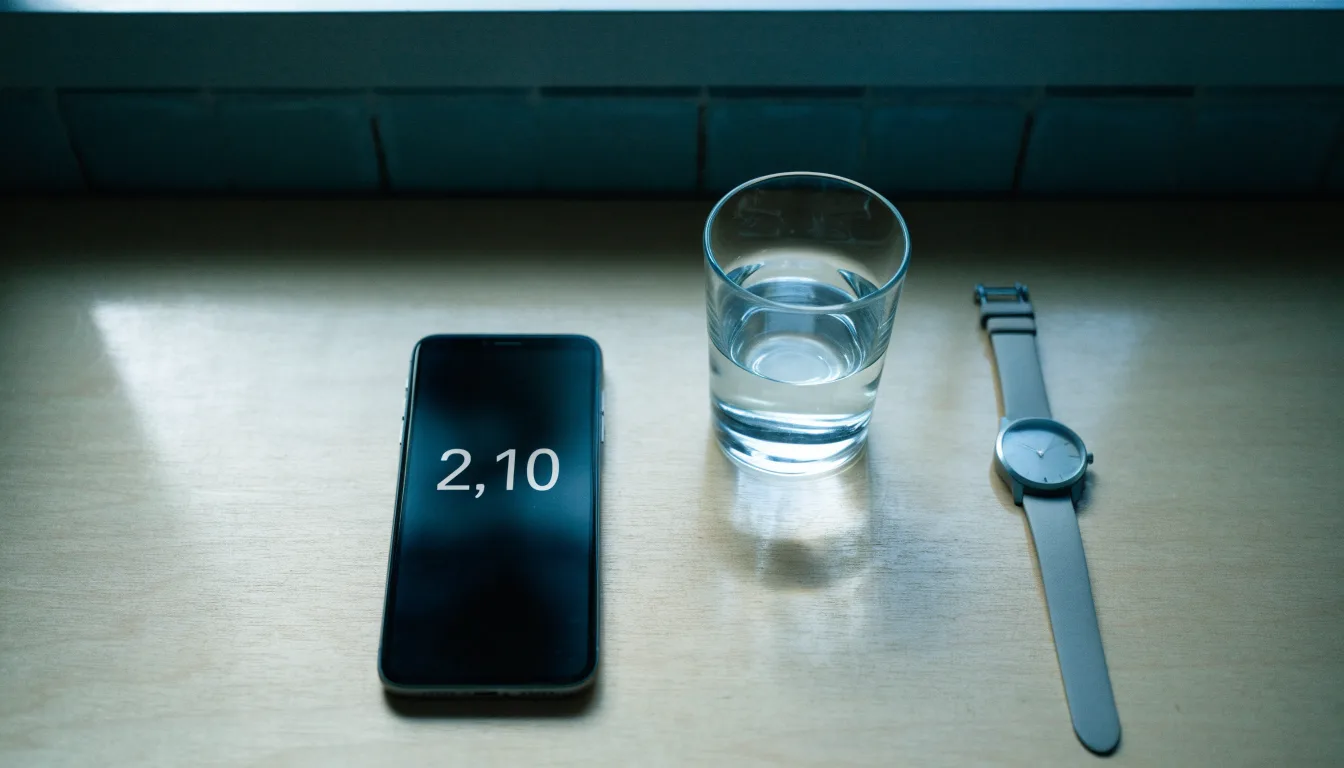Ein Smartphone liegt mit dem Display nach unten auf einem Küchentisch, daneben stehen ein Glas Wasser und eine Armbanduhr.