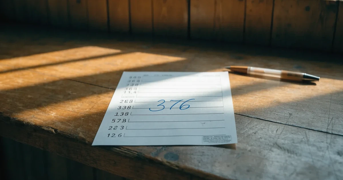 Ein leerer Wettschein aus Papier liegt neben einem Stift auf einer hölzernen Theke, weiches Licht fällt von der Seite ein.