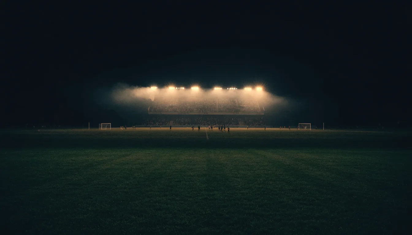Ein Stadion unter Flutlicht, aus großer Entfernung über eine dunkle Wiese fotografiert, am Himmel zieht Nebel auf.