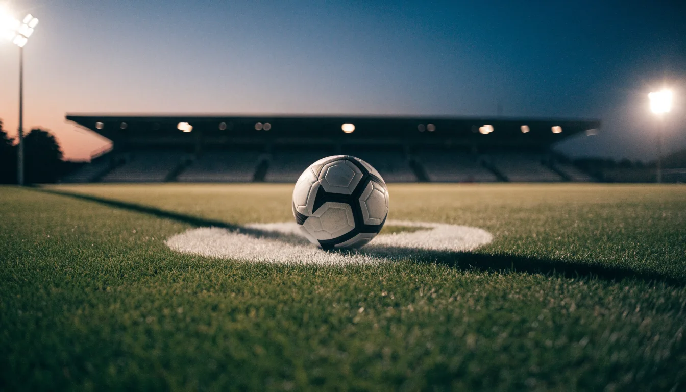 Ein Fußball liegt auf dem Anstoßpunkt eines leeren Rasenplatzes, im Hintergrund steht ein Stadion unter Flutlicht in der Dämmerung.