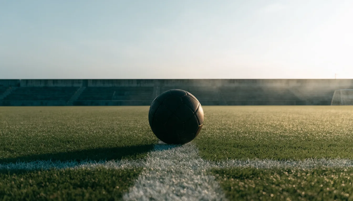 Ein Fußball liegt auf dem Anstoßpunkt eines leeren Rasenplatzes in der Morgendämmerung, im Hintergrund eine leere Tribüne.