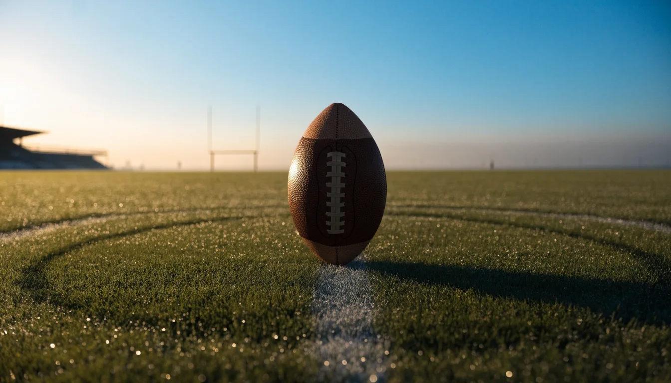 Ein Fußball ruht auf dem Mittelkreis eines leeren Rasenplatzes in der Morgendämmerung, Tau liegt auf dem Gras.