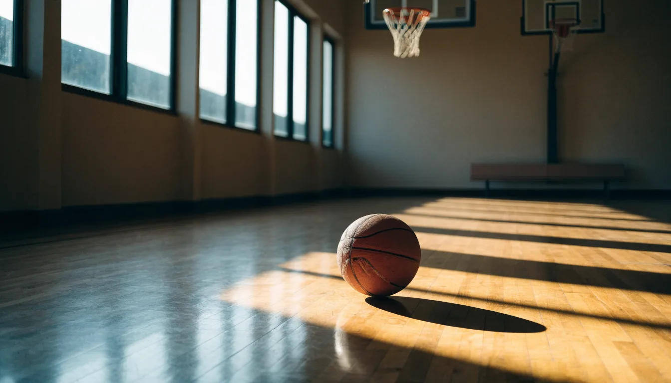 Ein Basketball liegt auf dem Hallenboden unter einem Korb, das Netz hängt ruhig, Morgenlicht fällt durch hohe Fenster.