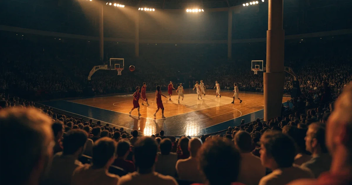 Eine leere Basketballhalle von einer oberen Tribünenreihe aus gesehen, Parkett und Körbe im Licht der Hallenstrahler.