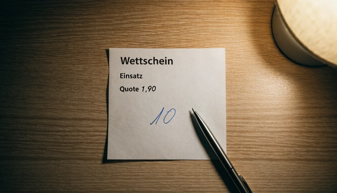 Ein leerer Wettschein aus Papier und ein Kugelschreiber liegen auf einer Tischplatte neben einer kleinen Tischlampe.