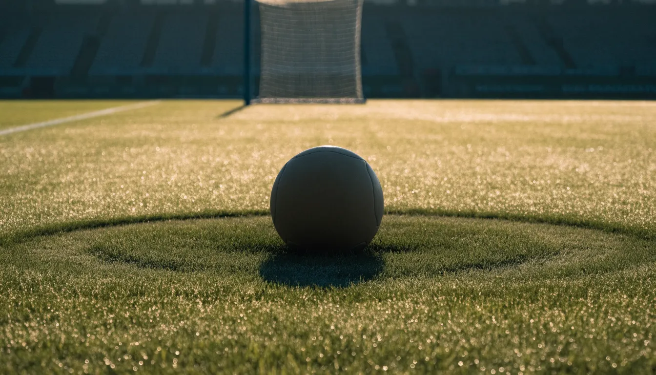 Ein Fußball liegt auf dem Anstoßkreis eines leeren Rasenplatzes im Licht der Morgensonne.