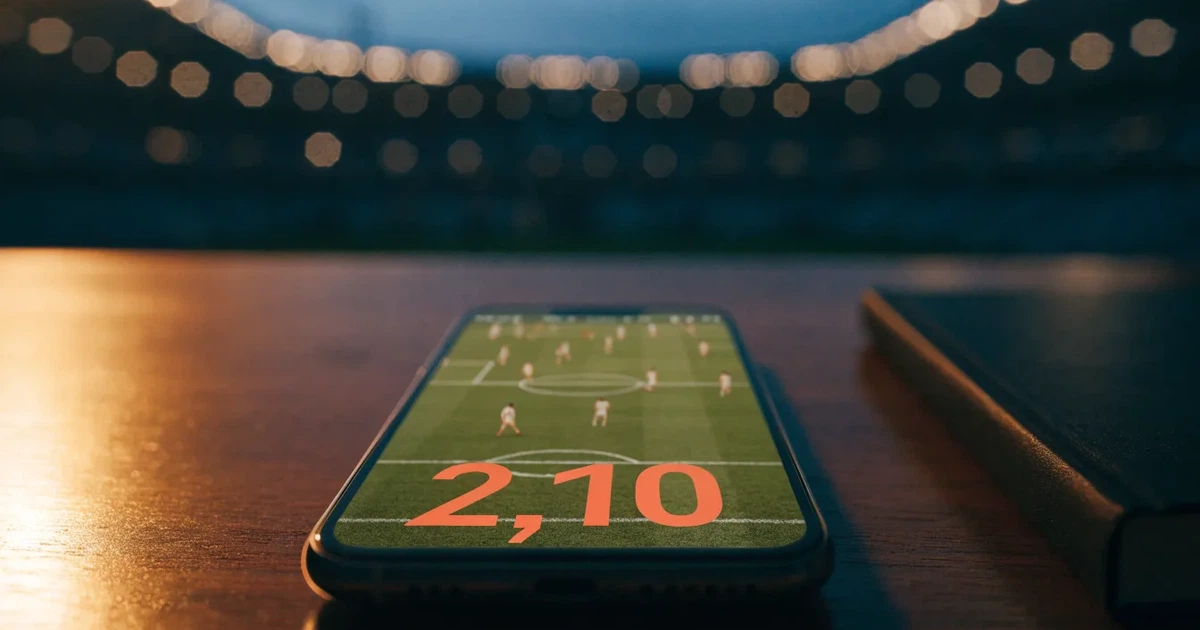 Ein Fußballstadion unter Flutlicht aus großer Entfernung, davor ein dunkler Parkplatz und ein heller Abendhimmel.
