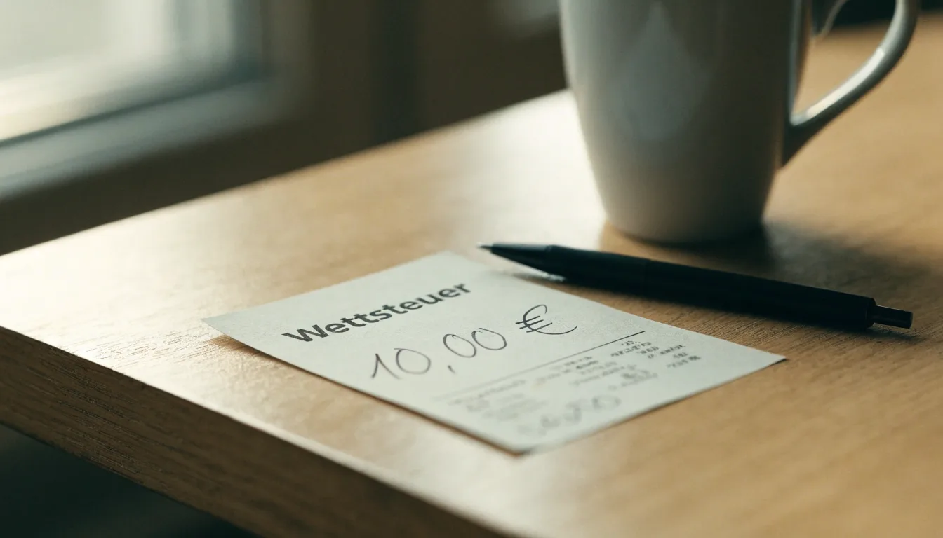 Ein leerer Wettschein aus Papier liegt neben einem Kugelschreiber und einer Tasse auf einem hellen Holztisch.
