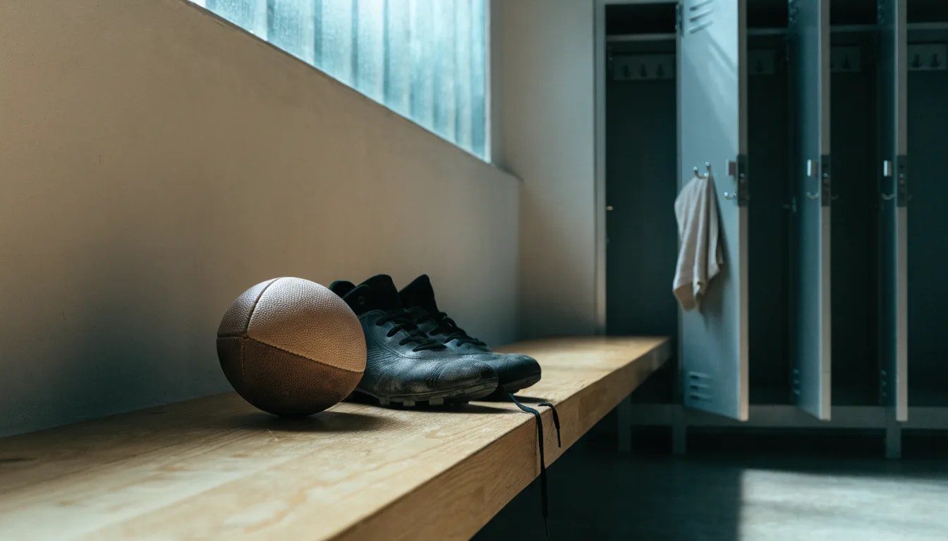 Ein Fußball liegt neben einem Paar Fußballschuhen ohne Markenzeichen auf einer Holzbank in einer leeren Umkleide.