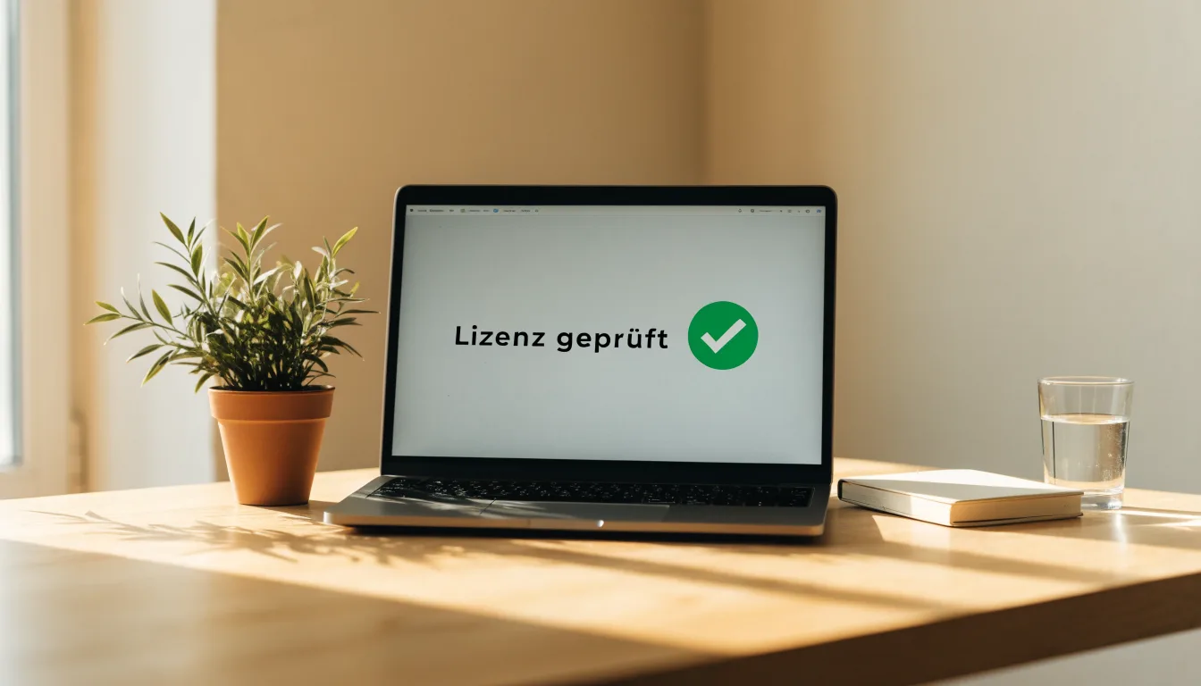 Eine Messingwaage steht auf einem hellen Schreibtisch neben einer Pflanze, Tageslicht fällt durch ein Fenster.