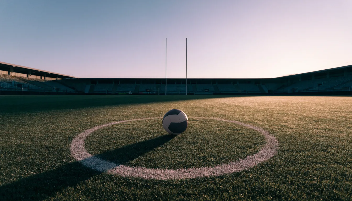 Ein Fußball liegt auf dem Anstoßpunkt eines leeren Rasenplatzes in der Morgendämmerung, im Hintergrund eine leere Tribüne.