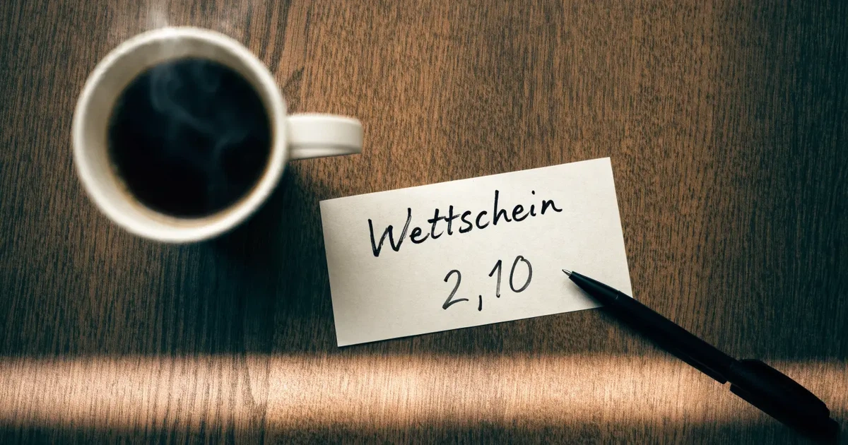 Ein leerer Wettschein aus Papier liegt neben einem Kugelschreiber und einer Tasse Kaffee auf einem Tisch, Aufnahme von oben.
