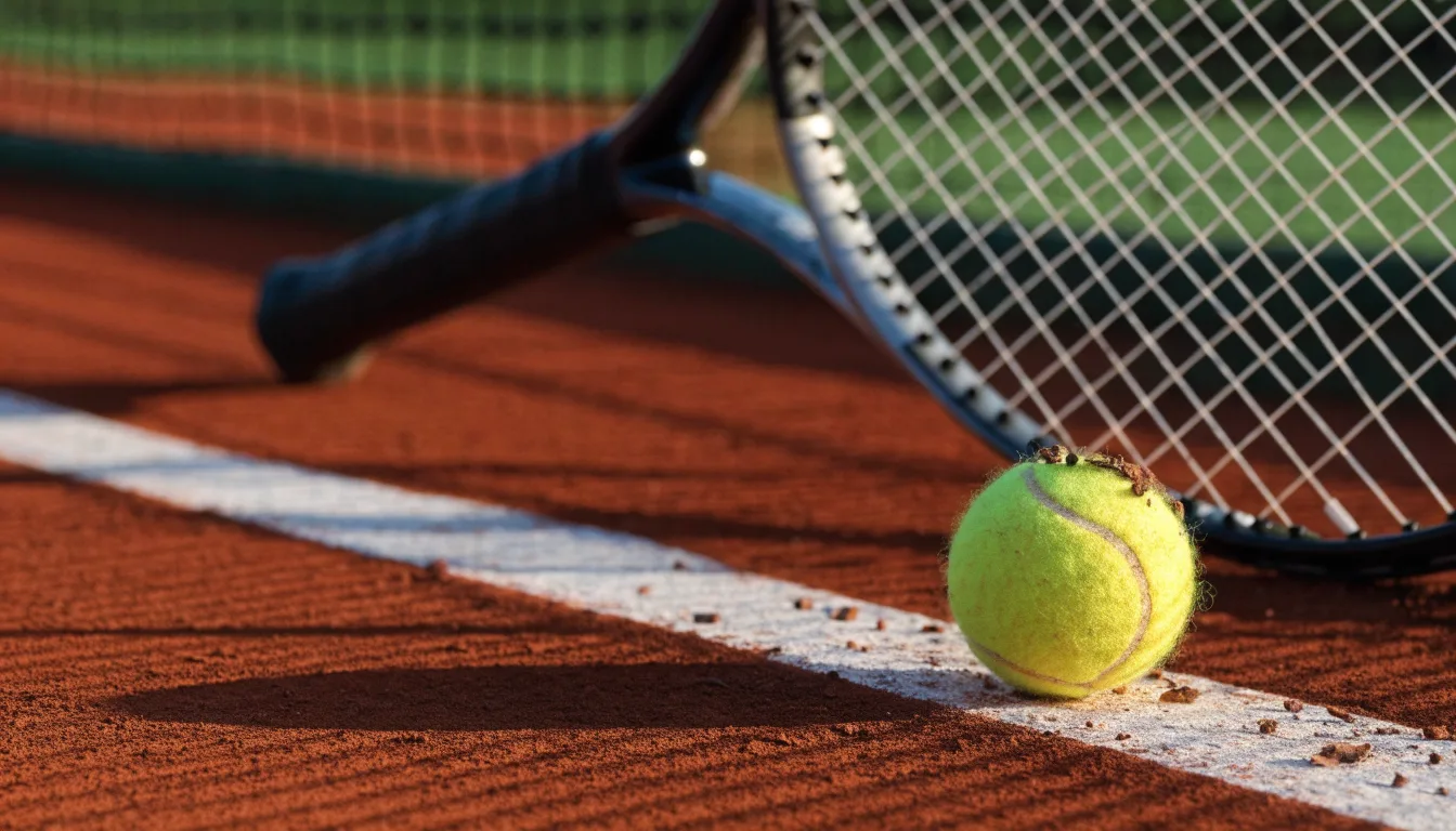 Ein einzelner Tennisball liegt auf rotem Sand neben einer weißen Linie, geringe Schärfentiefe.