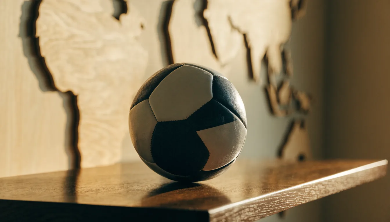 Eine Weltkarte aus Holz hängt an einer Wand, davor liegt ein Fußball auf einem Regal, ohne erkennbare Beschriftung.