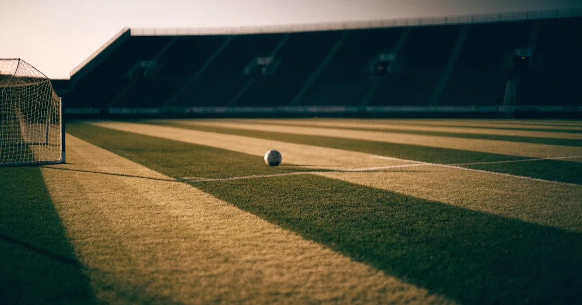 Ein Fußballplatz mit frisch gemähtem Rasen im Abendlicht, ein Ball liegt im Strafraum, im Hintergrund unscharf eine leere Tribüne.