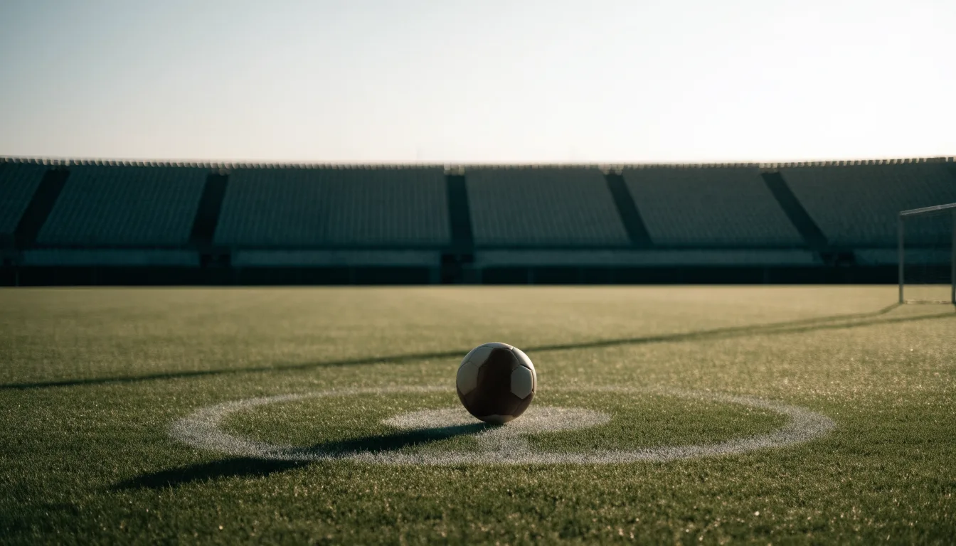 Ein Fußball liegt auf dem Anstoßpunkt eines leeren Rasenplatzes im frühen Morgenlicht, dahinter eine leere Tribüne.