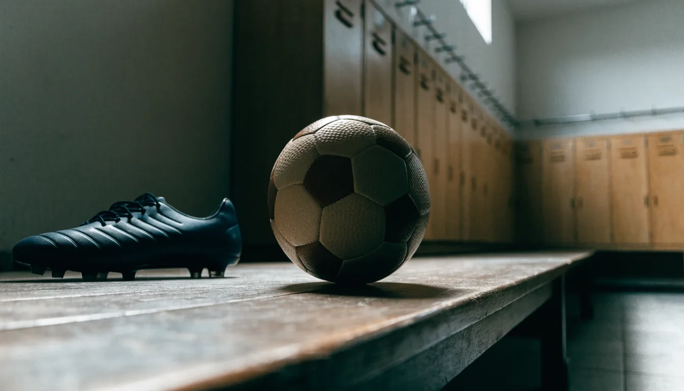 Ein Fußball liegt auf einer Holzbank in einer leeren Umkleide neben einem Paar Fußballschuhen ohne Markenzeichen.
