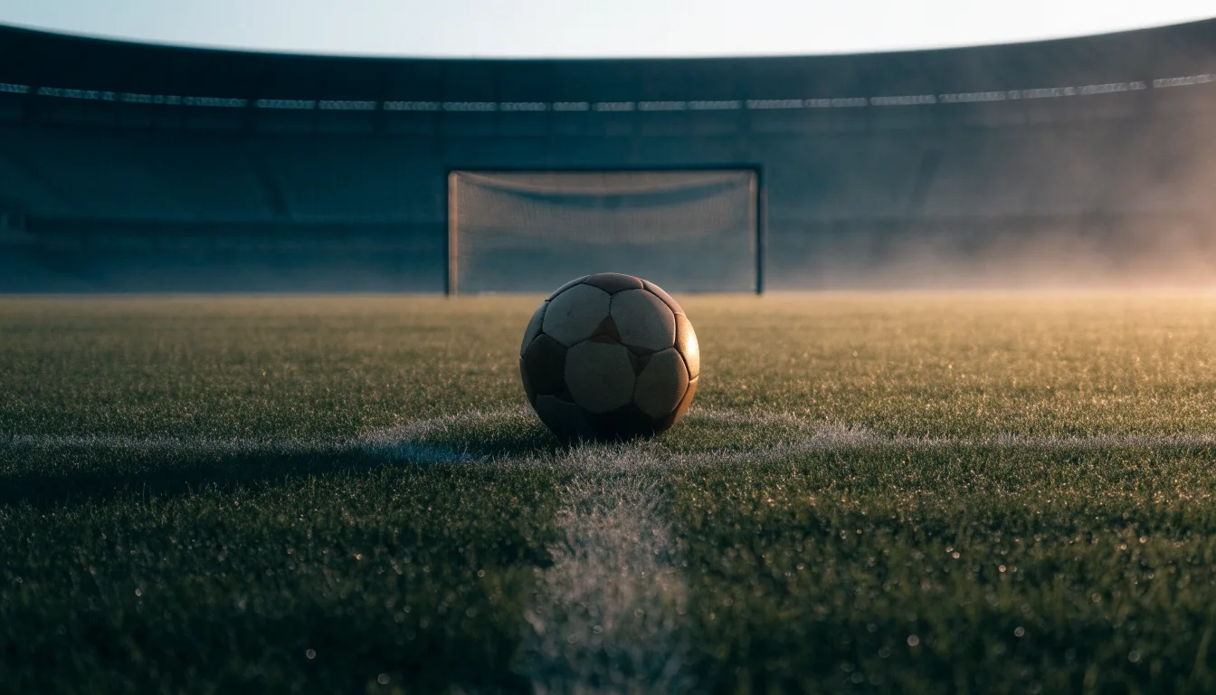 Ein Fußball ruht auf dem Mittelkreis eines leeren Rasenplatzes in der Morgendämmerung, Tau liegt auf dem Gras.
