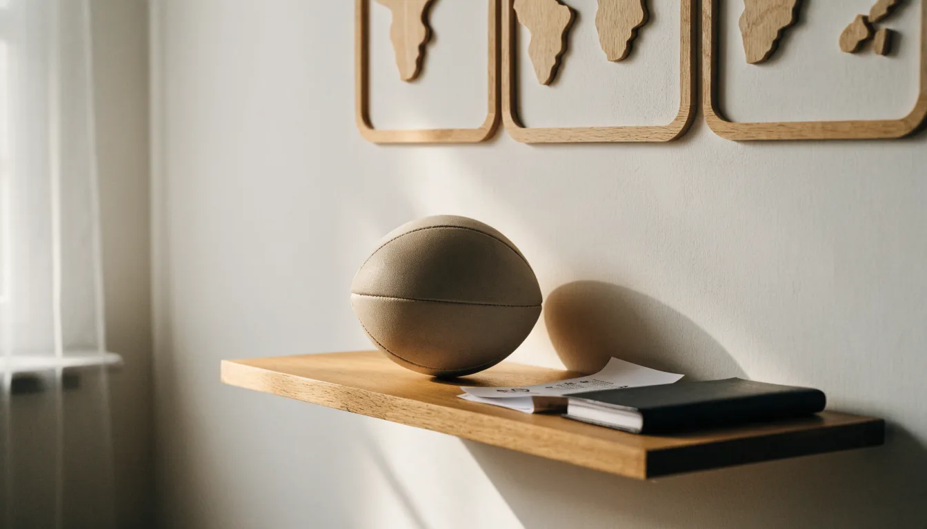 Eine Weltkarte aus Holz hängt an einer Wand, davor liegt ein Fußball auf einem Regal, ohne erkennbare Beschriftung.