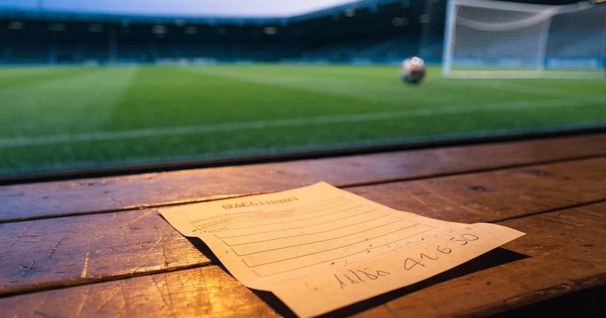 Ein Fußballplatz mit frisch gemähtem Rasen im Abendlicht, ein Ball liegt im Strafraum, im Hintergrund unscharf eine leere Tribüne.