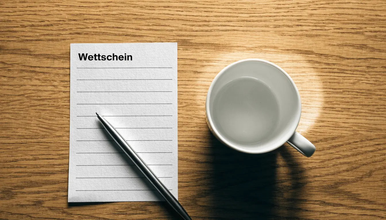 Ein leerer Wettschein aus Papier liegt neben einem Kugelschreiber und einer Tasse Kaffee auf einem Holztisch, Aufnahme von oben.