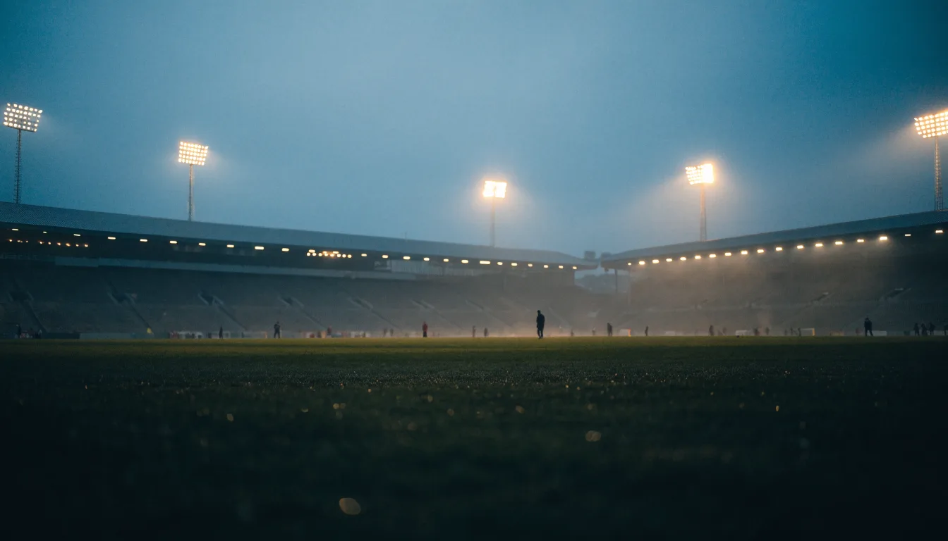 Ein großes Stadion unter Flutlicht, aus der Ferne über eine dunkle Wiese gesehen, die Lichtmasten spiegeln sich im Dunst der Abenddämmerung.