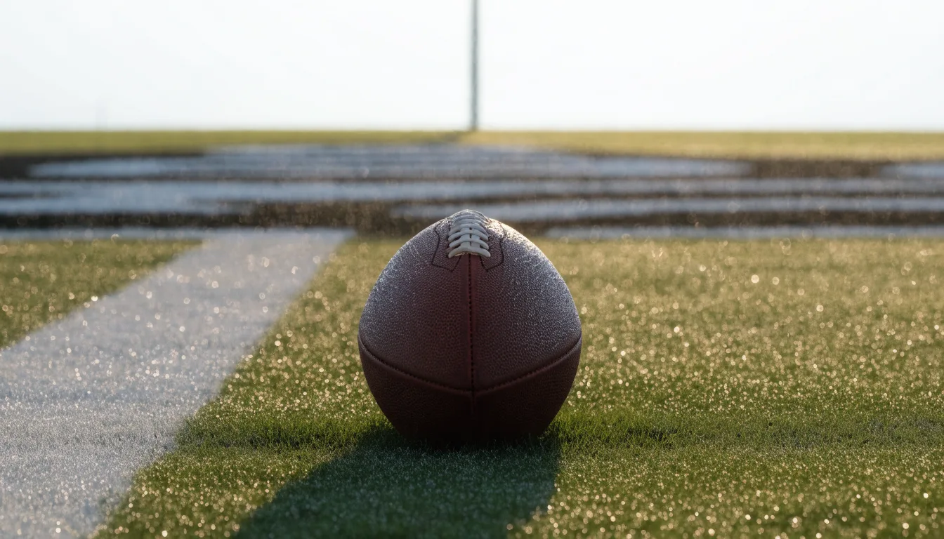 Ein ovaler Lederball mit heller Schnürung liegt auf dem Rasen vor der Endzone, Tau auf dem Gras im ersten Morgenlicht.