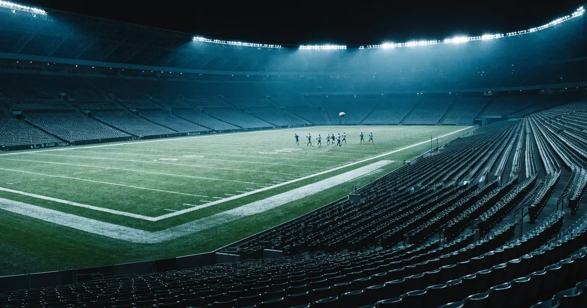 Ein American-Football-Feld mit weißen Yardlinien im Flutlicht, von einer hohen Tribüne aus gesehen, die Ränge leer, Zahlen nicht erkennbar.