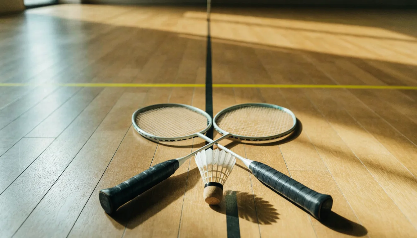 Zwei Badmintonschläger und ein Federball liegen auf einem Holzboden neben der Seitenlinie, weiches Licht fällt von der Seite ein.